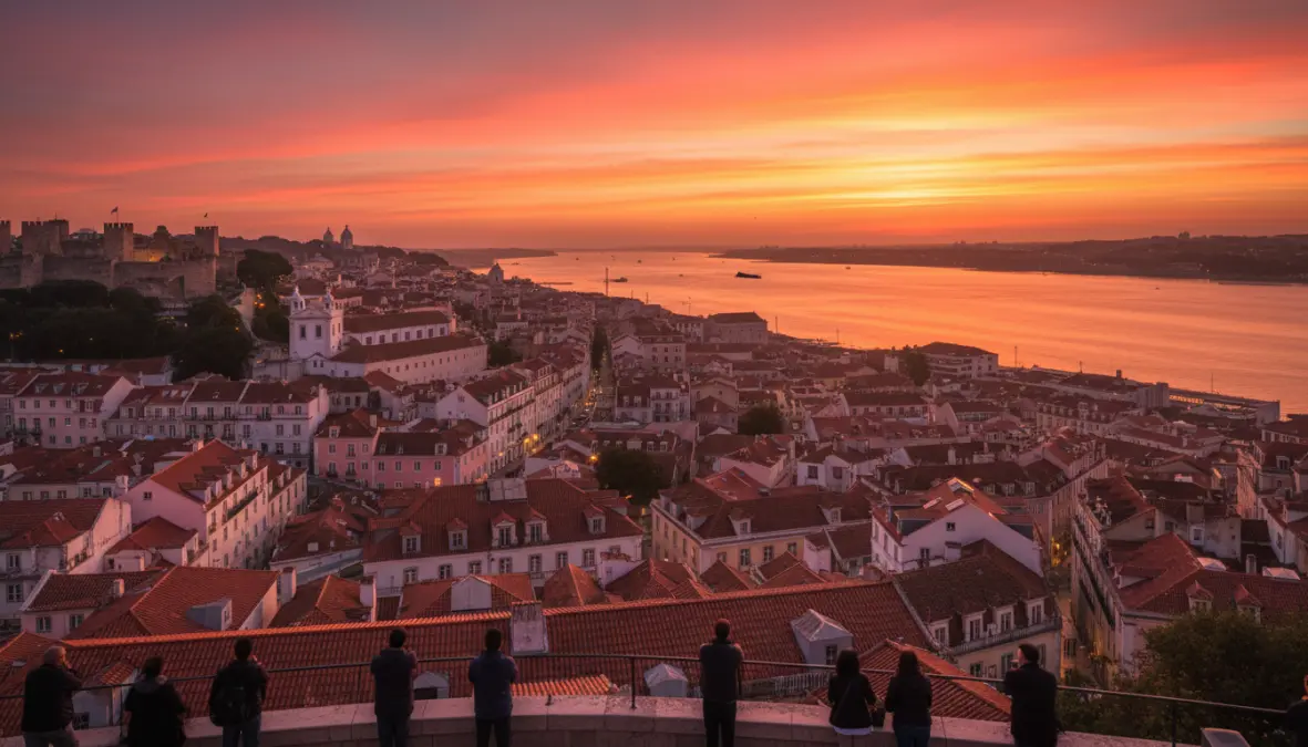 Sunset view of Tejo River and Alfama neighborhood from Lisbon miradouro viewpoint