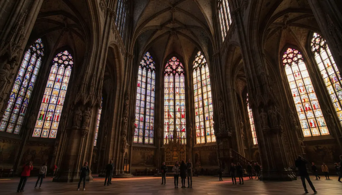 St. Vitus Cathedral interior during Prague Castle tour, Gothic architecture and stained glass