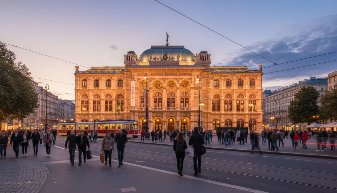 Staatsoper opera house on Ringstrasse boulevard during Vienna city break evening