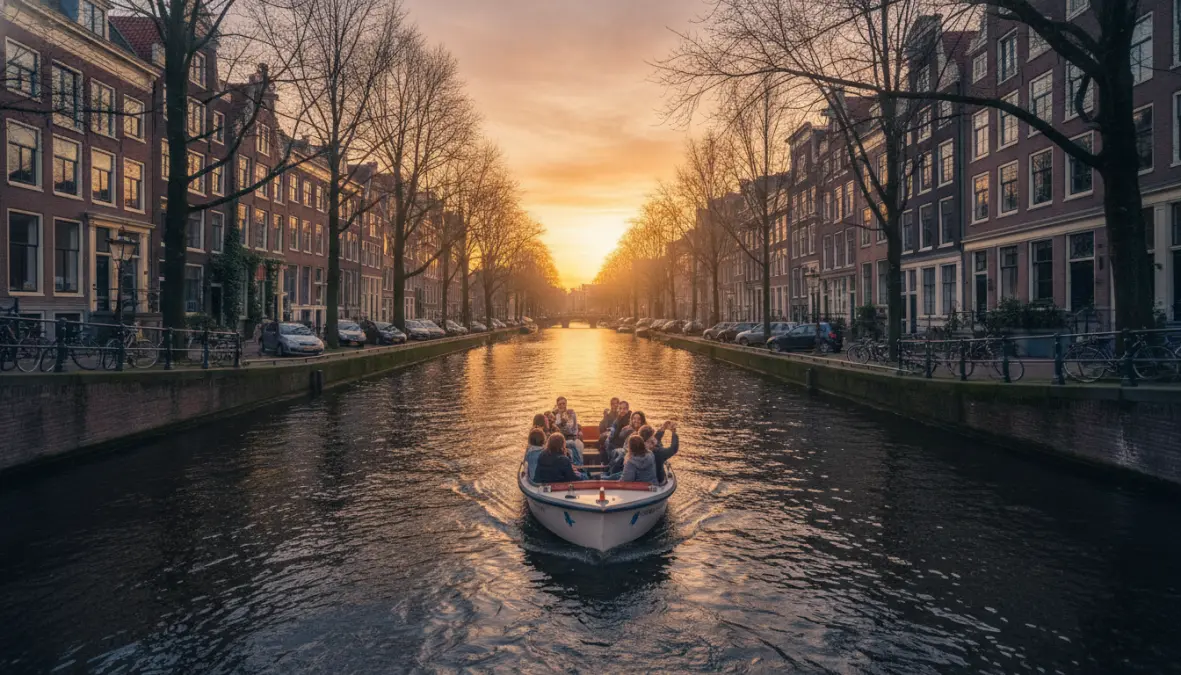 Canal cruise boat tour in Amsterdam during golden hour with historic houses along waterway