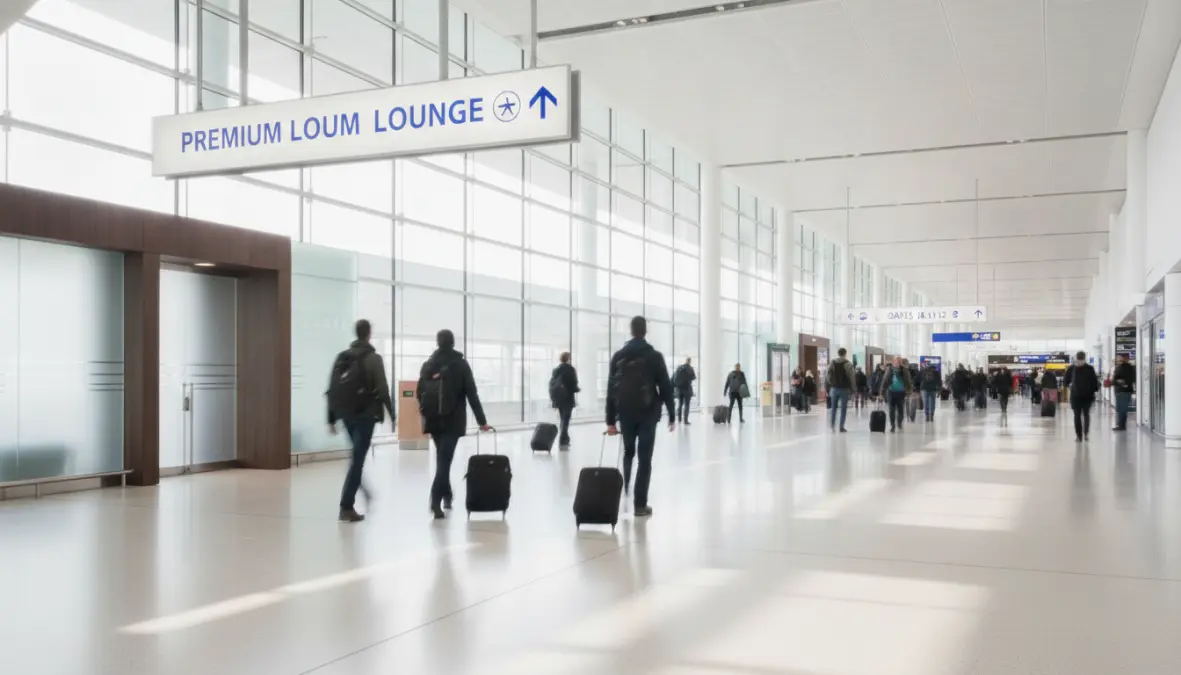 European airport terminal with lounge access signage for transit passengers during short layover