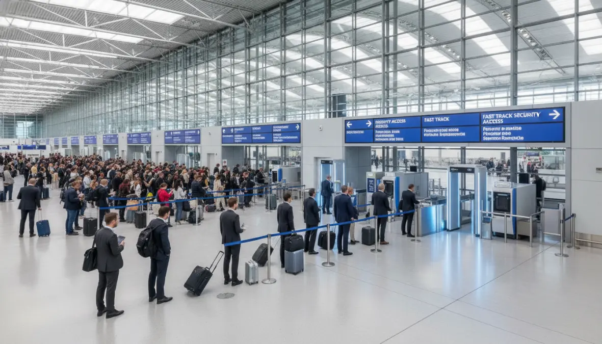 Airport fast track Europe priority security lane for weekend travelers at European hub