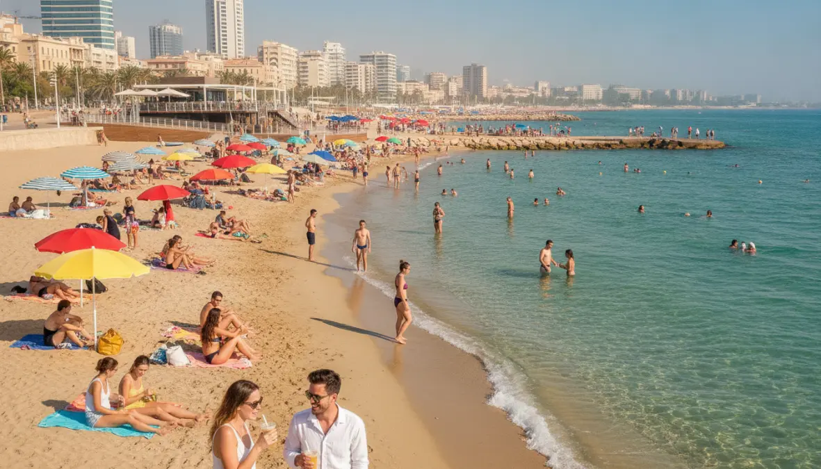Travelers enjoying weekend at European beach city combining urban and coastal experiences