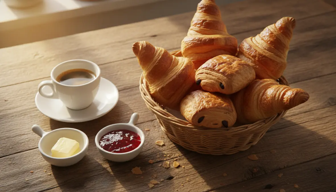 Traditional European breakfast with croissants, coffee and pastries on wooden table