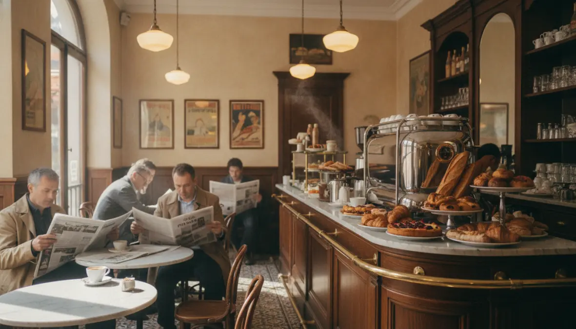 Local European breakfast café interior with neighborhood customers and traditional coffee bar