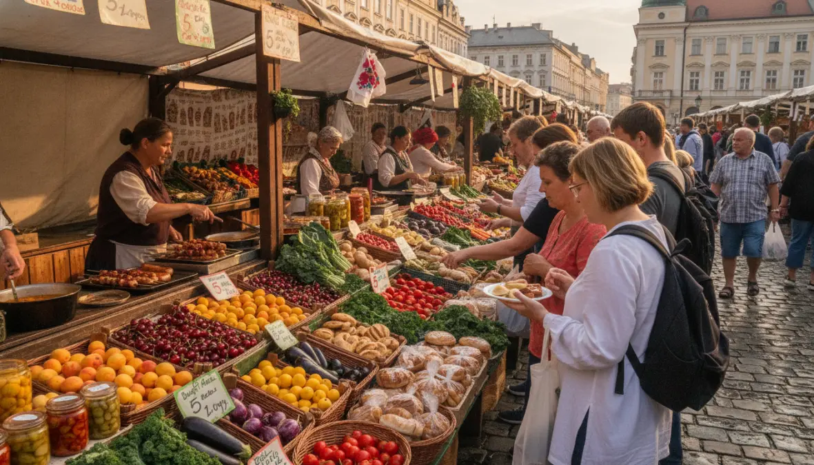 Local market in affordable Eastern European city showing budget friendly food options