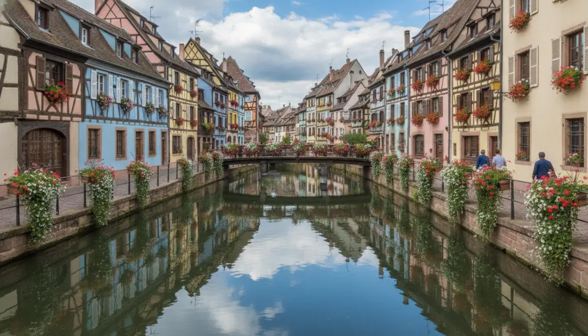 Colorful half-timbered houses along the canal in Colmar's Little Venice district, France