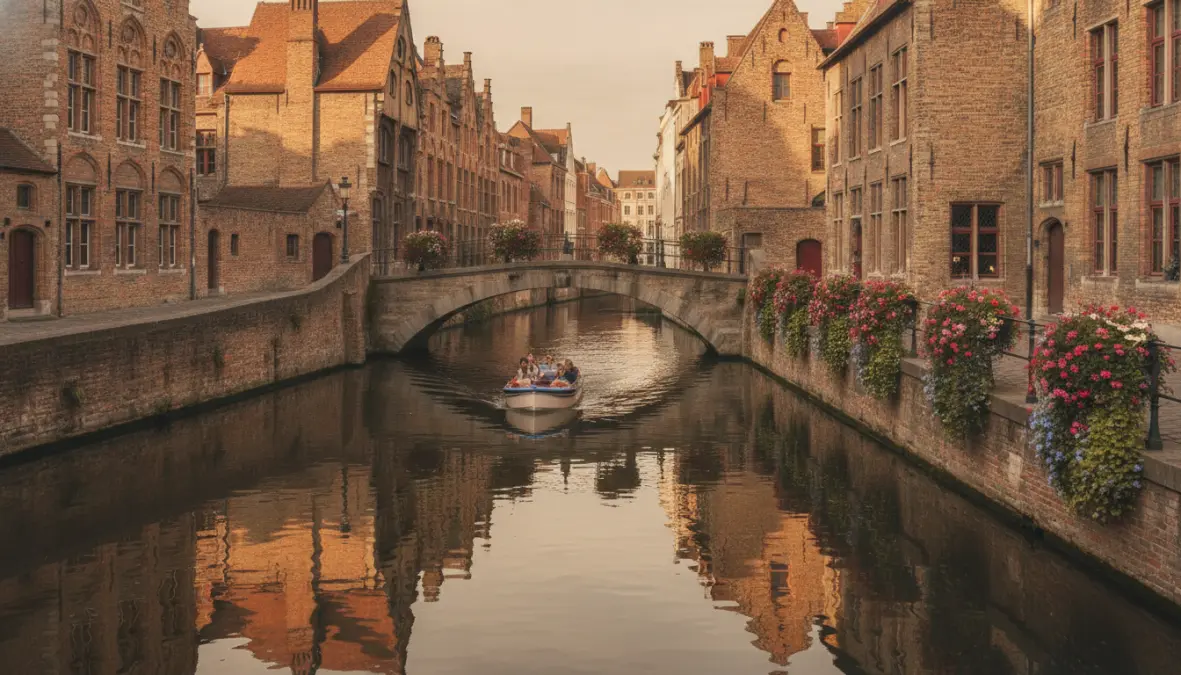 Romantic canal in Bruges Belgium showing medieval architecture and boat tours, popular canal destination europe