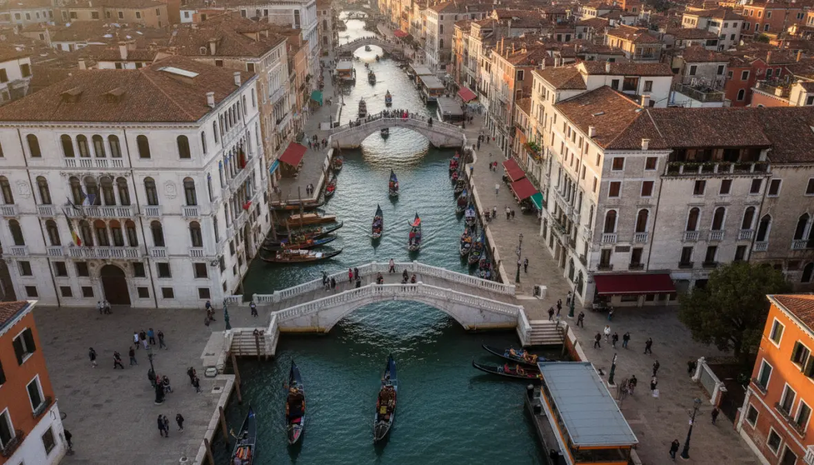 Venice canals with gondolas showing completely car free city transportation in Italy