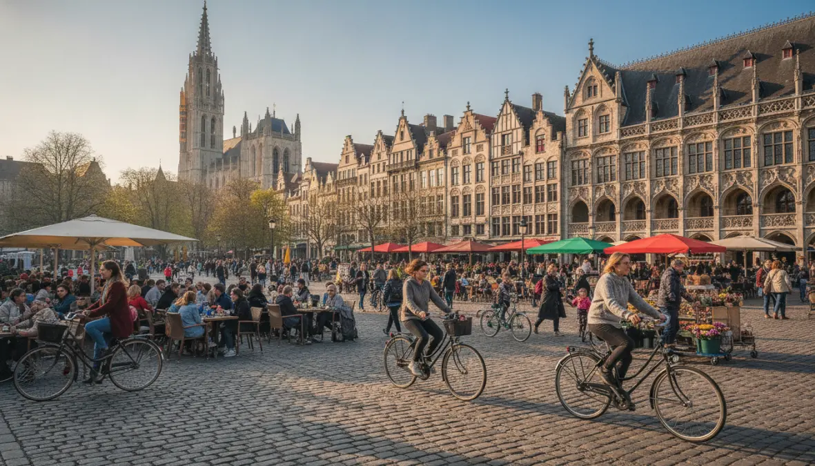 Pedestrian zone in European city center with cobblestone streets and outdoor cafes without cars