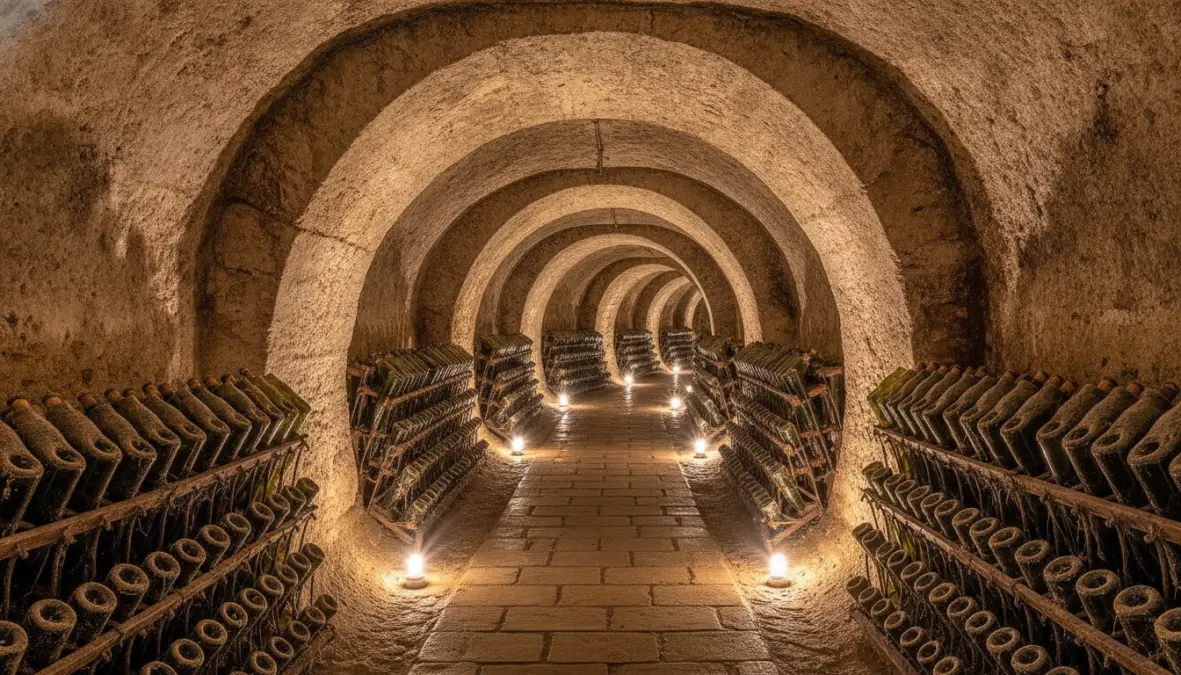 Historic champagne cellar tour in Reims with bottles aging in underground chalk caves