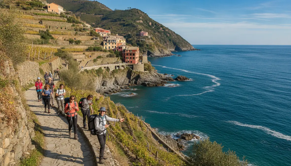Hiking trail between Cinque Terre villages along Ligurian coast with scenic views
