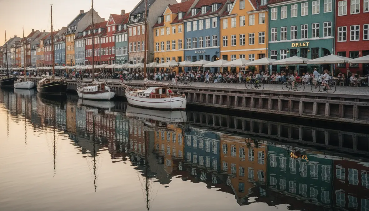 Copenhagen Nyhavn canal with outdoor cafes in June, northern European city with ideal summer weather