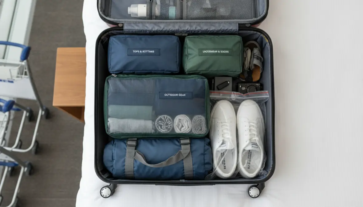 Efficient packing methods using compression packing cubes for carry on weekend travel
