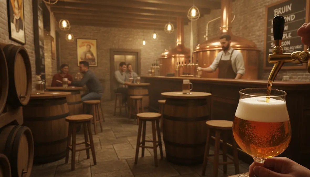 Traditional Belgian brewery taproom interior with craft beer taps and brewing equipment in Brussels