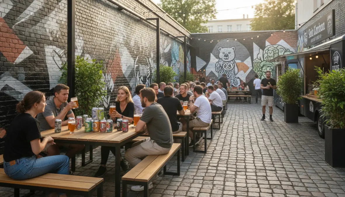 Contemporary craft beer garden in Berlin showing vibrant brewery hopping culture in European cities