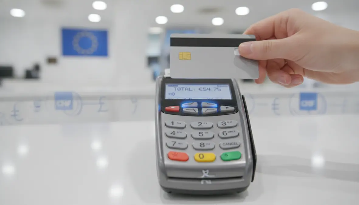 Contactless credit card payment terminal showing chip and PIN technology for European travel