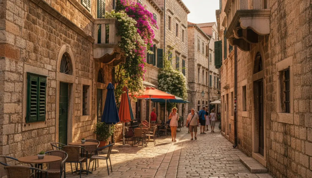 Charming medieval street in Trogir old town with Venetian architecture and outdoor cafes