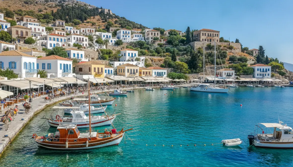 Scenic harbor of Hydra island in the Saronic Gulf, accessible by day trip from Athens