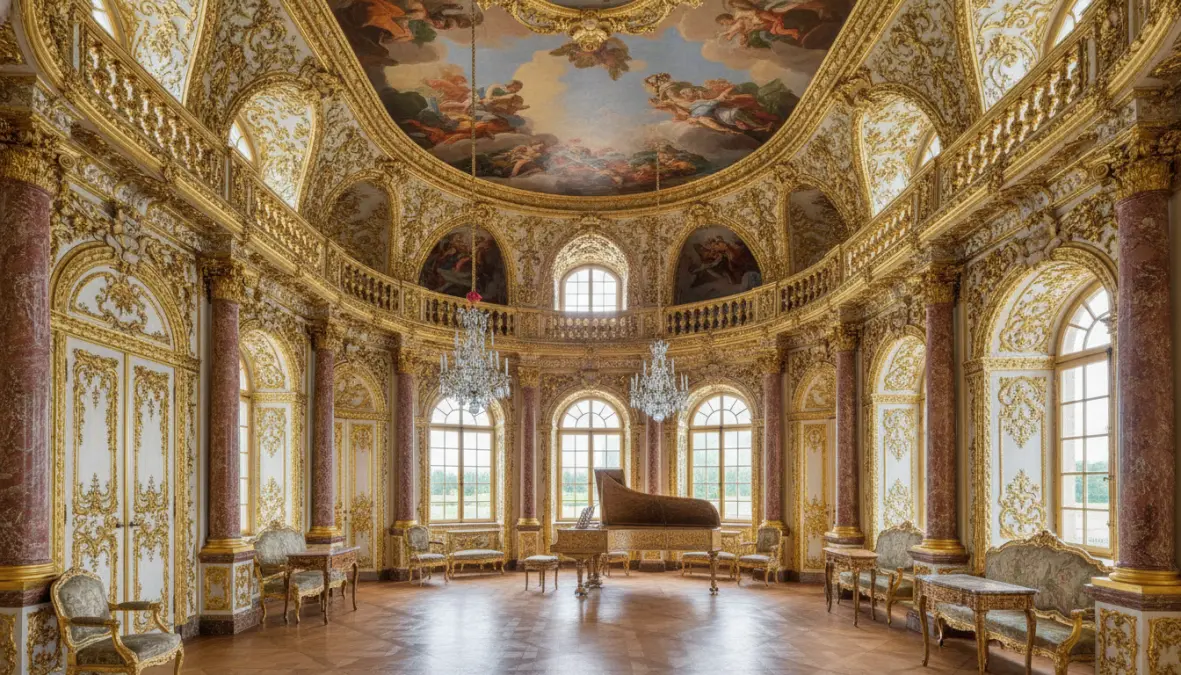 Sanssouci Palace interior with rococo decorations, top palace to visit near Berlin