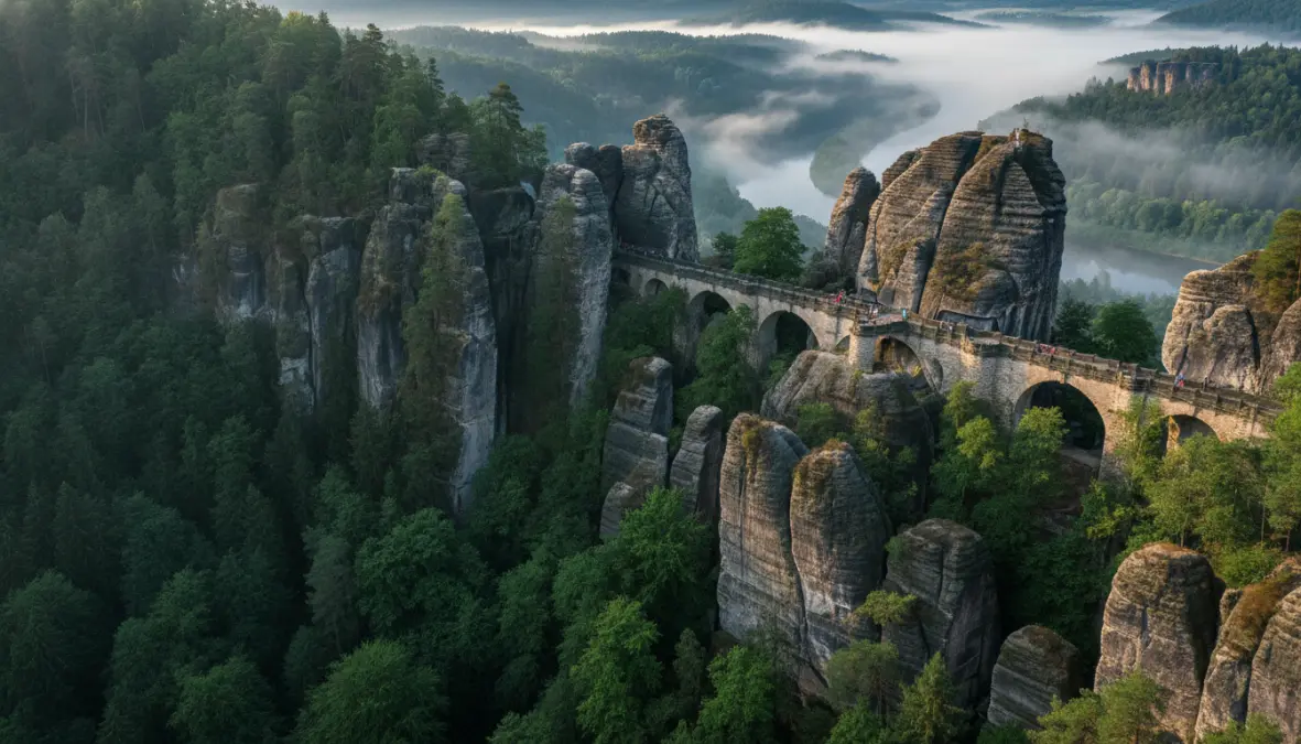 Bastei Bridge in Saxon Switzerland National Park near Berlin with dramatic rock formations