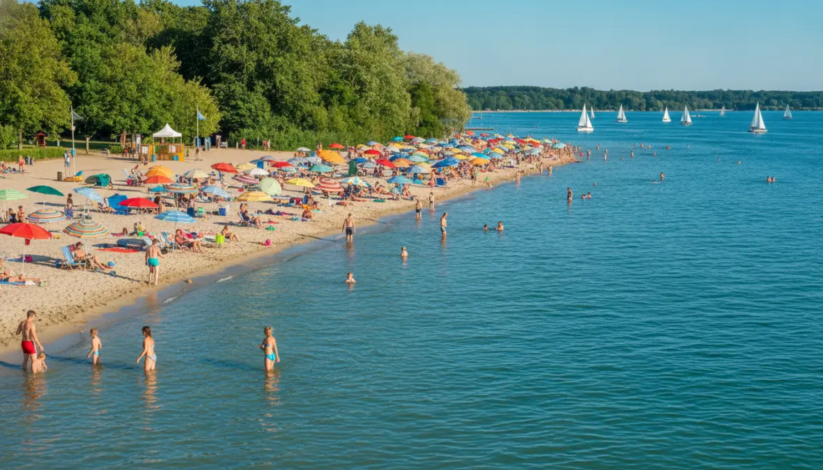 Wannsee Lake beach near Berlin with swimmers and sailboats on a sunny day