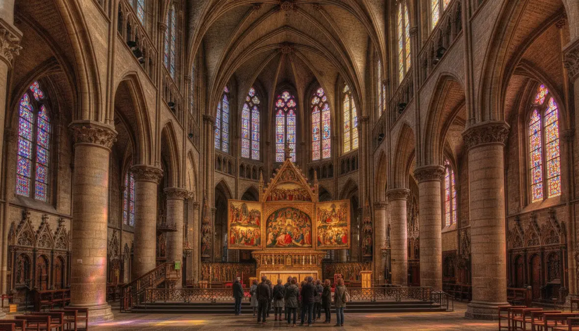 Interno della Cattedrale di San Bavone a Gand con il Polittico dell'Agnello Mistico, capolavoro dell'arte fiamminga da vedere in una gita giornaliera