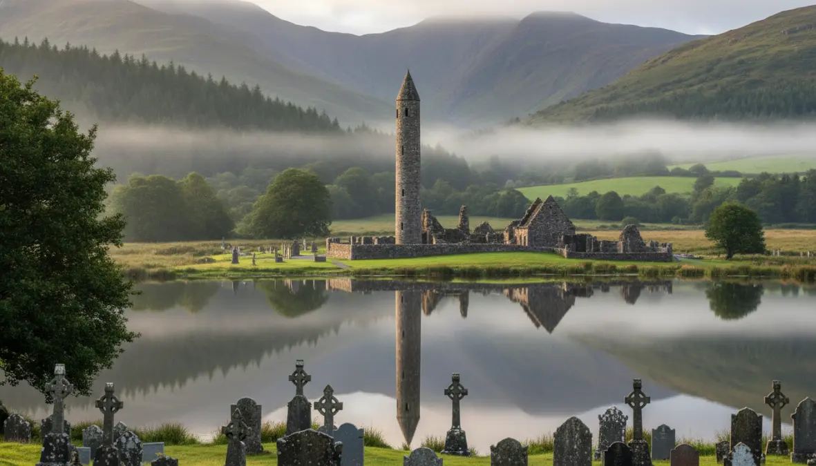Glendalough monastic ruins with round tower and lake in Wicklow Mountains, Ireland day trip from Dublin