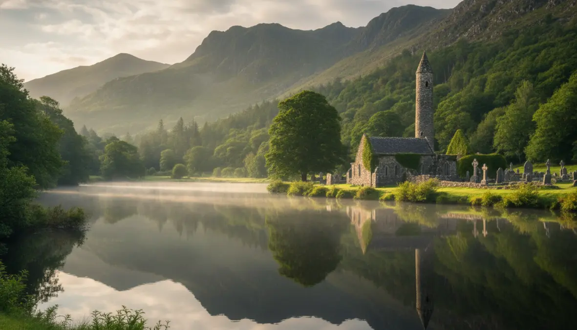 Glendalough monastery and round tower in Wicklow Mountains, popular Dublin day trip destination