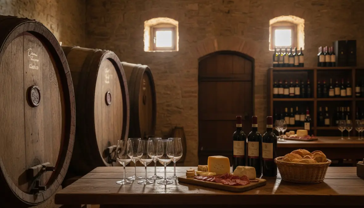 Cantina vinicola del Chianti con botti di legno durante un tour enologico da Firenze