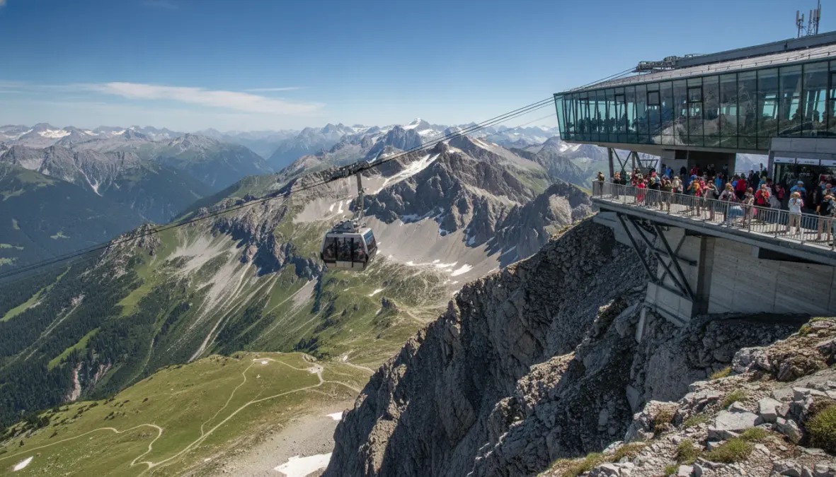 Zugspitze mountain cable car with panoramic Alpine views, day trip destination from Munich