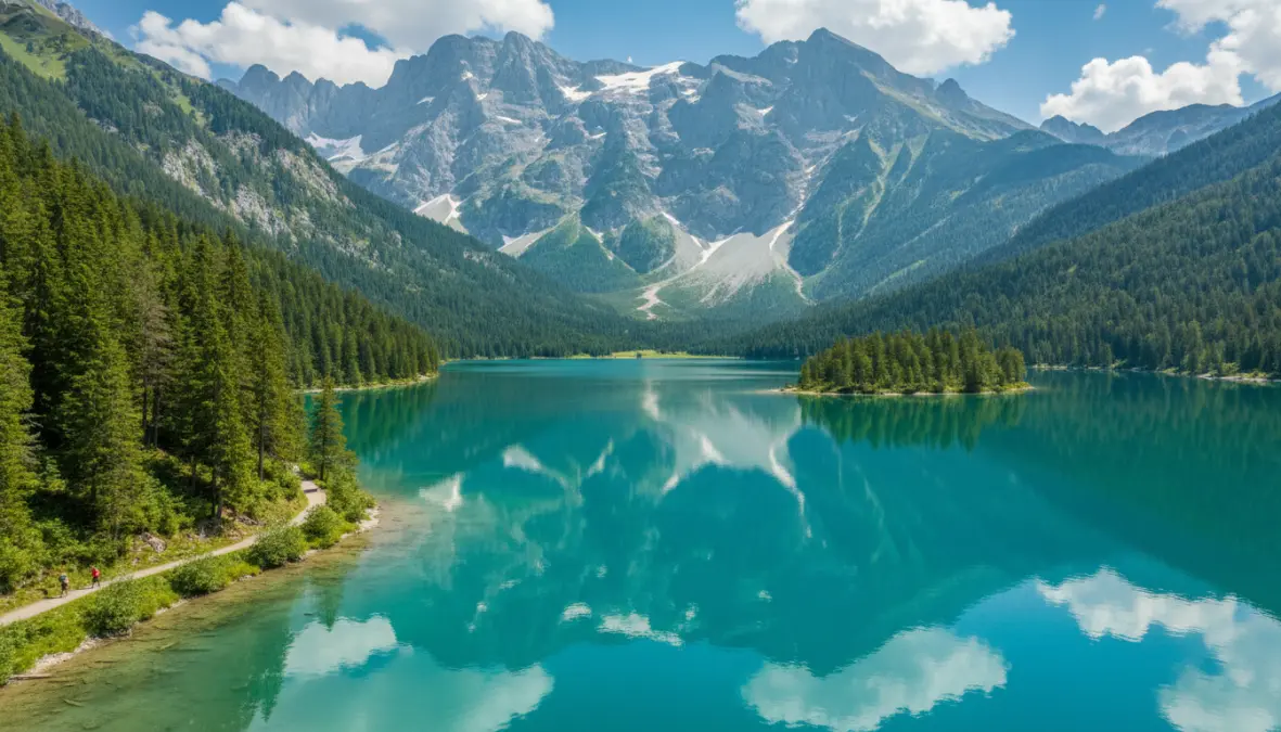 Lake Eibsee and Zugspitze mountain in Bavarian Alps, scenic day tour from Munich