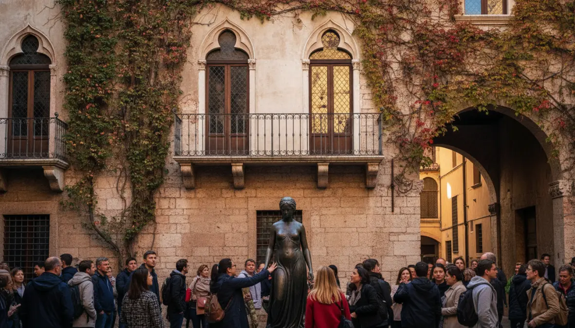 Juliet's House balcony in Verona, popular attraction on day trips from Venice Italy