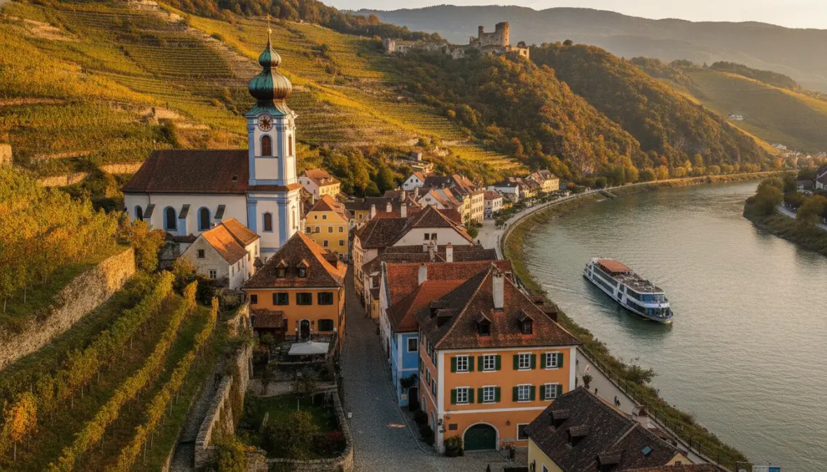 Dürnstein village with blue church tower in Wachau Valley, Austria