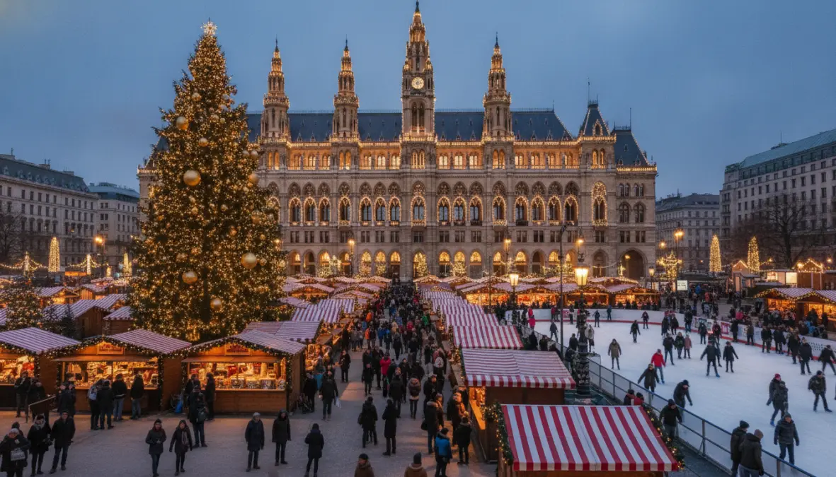 Vienna's Rathausplatz Christmas market with illuminated City Hall and traditional wooden stalls in early December