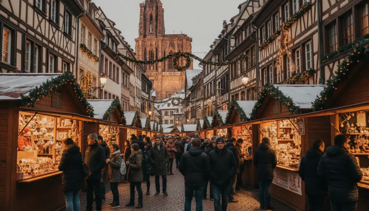 Strasbourg's traditional Christmas market with half-timbered houses and cathedral backdrop in early advent season