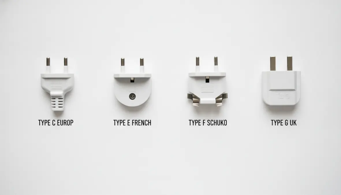 Comparison of European plug types including Type C, Type E, Type F Schuko, and Type G adapters