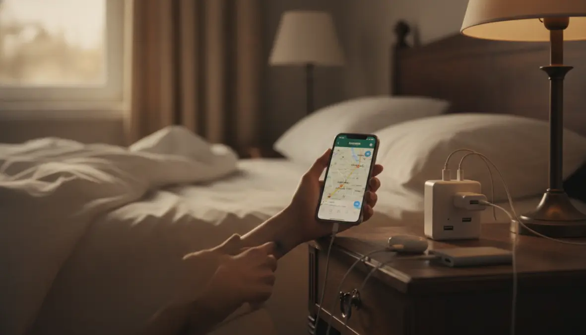 Universal travel adapter with USB ports charging multiple devices in European hotel room