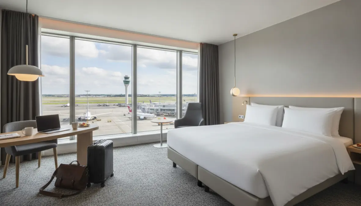 Comfortable airport hotel room at Amsterdam Schiphol ideal for European weekend stopovers