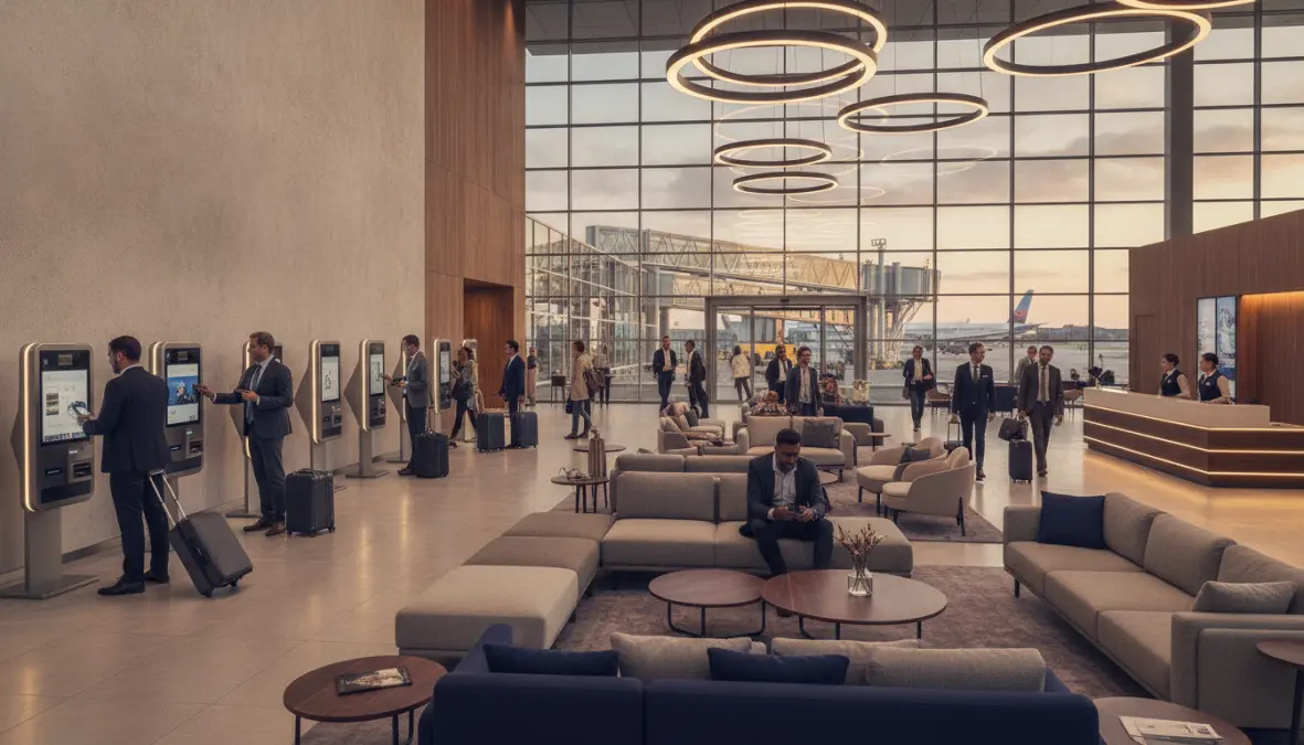 Modern European airport hotel lobby with convenient terminal access for transit travelers