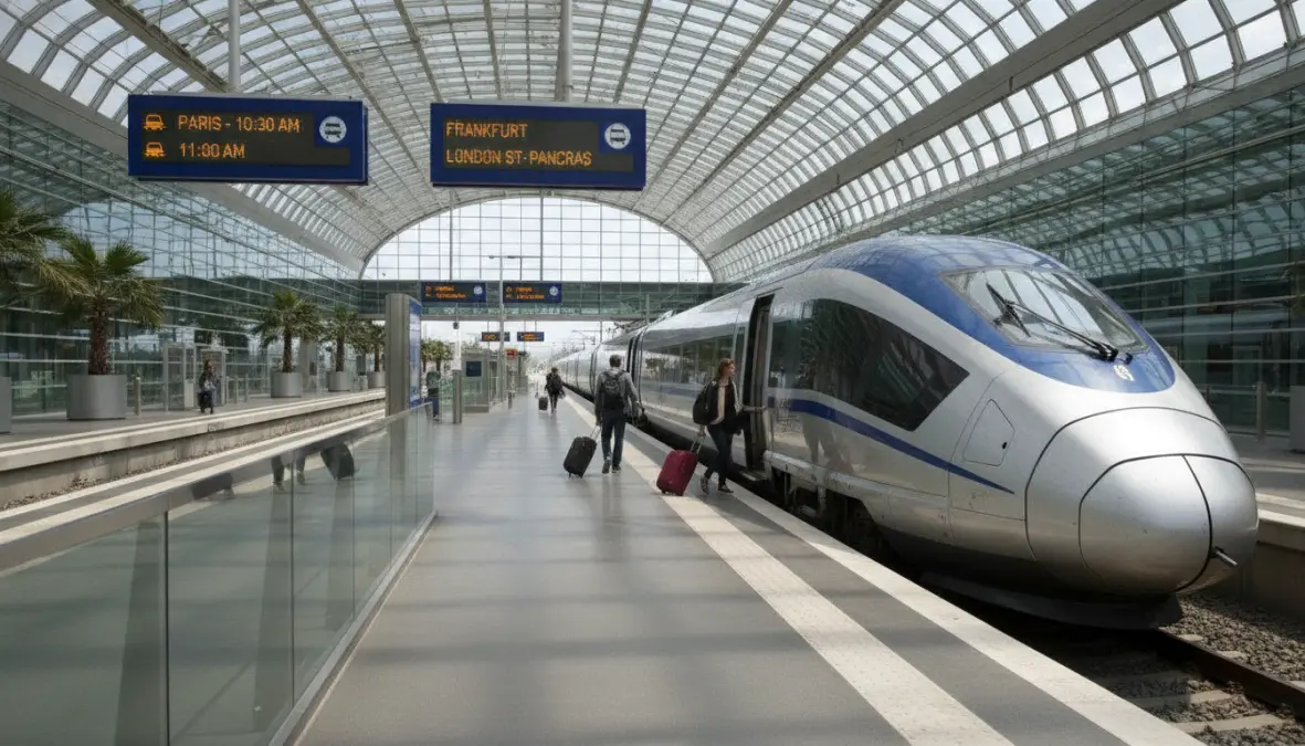 High-speed train at European airport station for fast airport transfer connections