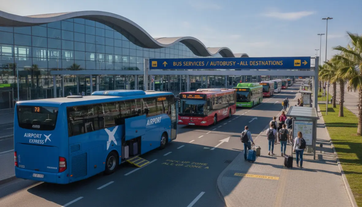 Airport buses and shuttle services at European airport pickup area showing budget transfer options