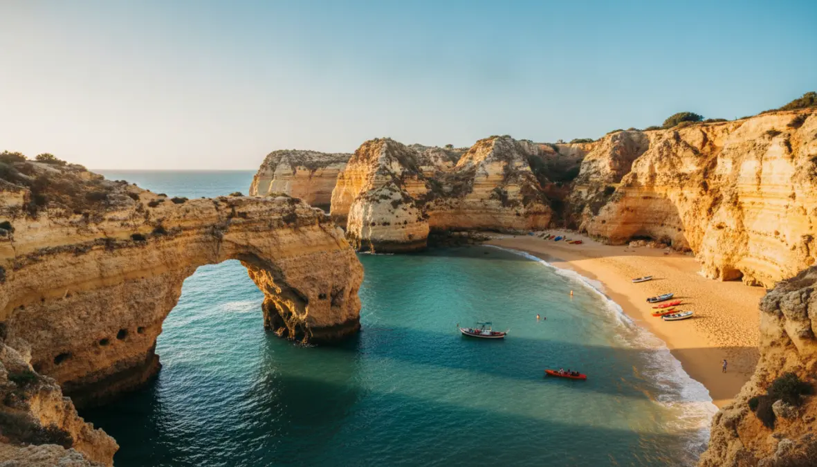 Stunning Algarve beach with golden cliffs and turquoise waters, one of the best European beach destinations for weekend breaks