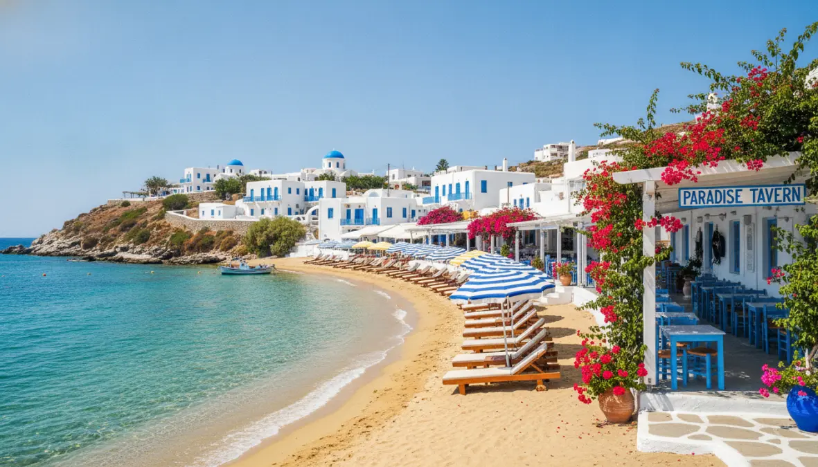 Picturesque Greek island beach with traditional architecture, perfect for Mediterranean coast weekend trips
