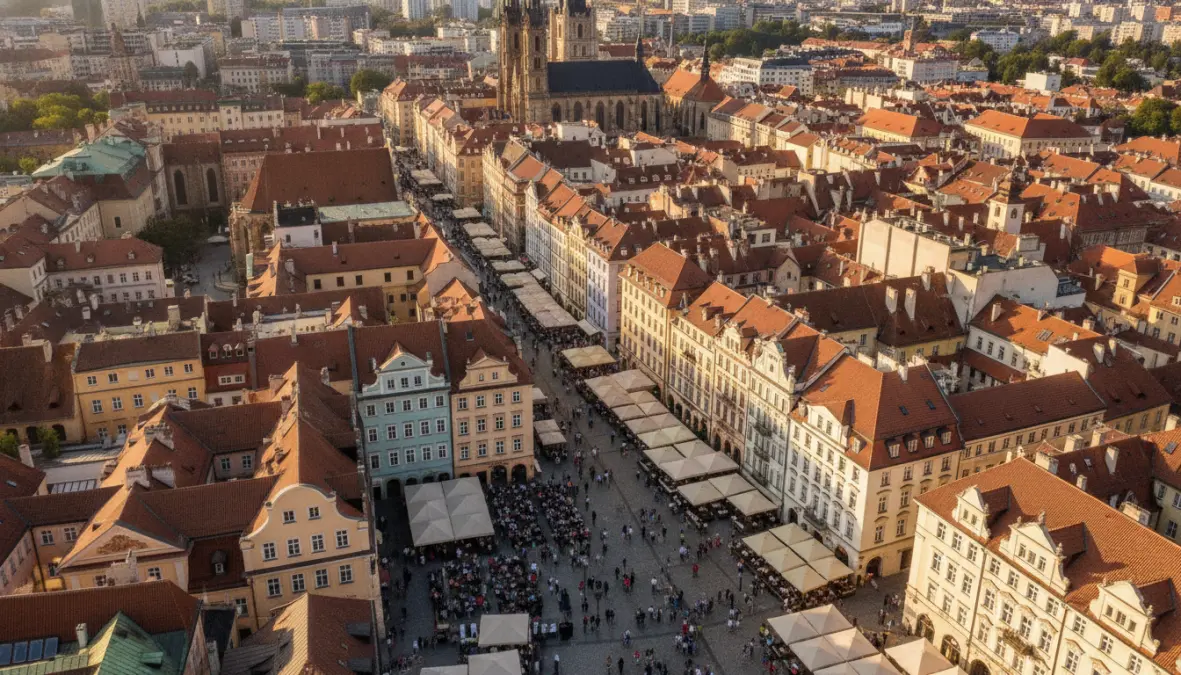Tourists exploring walkable European capital city center with historic architecture and cafes