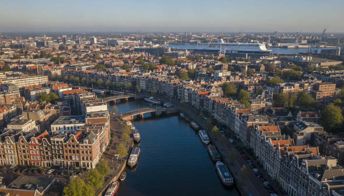 Amsterdam canals and harbor showing ferry access to the Dutch capital for European weekend breaks