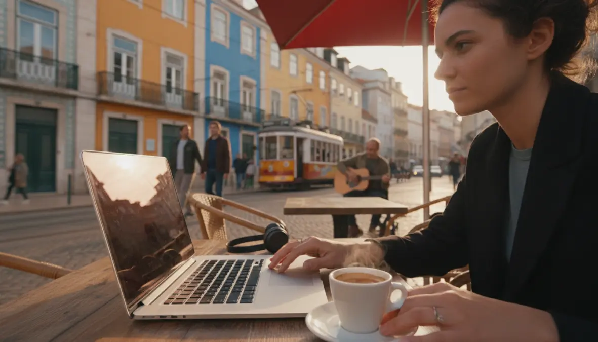 Digital nomad working at laptop-friendly cafe in Lisbon with reliable WiFi for weekend remote work