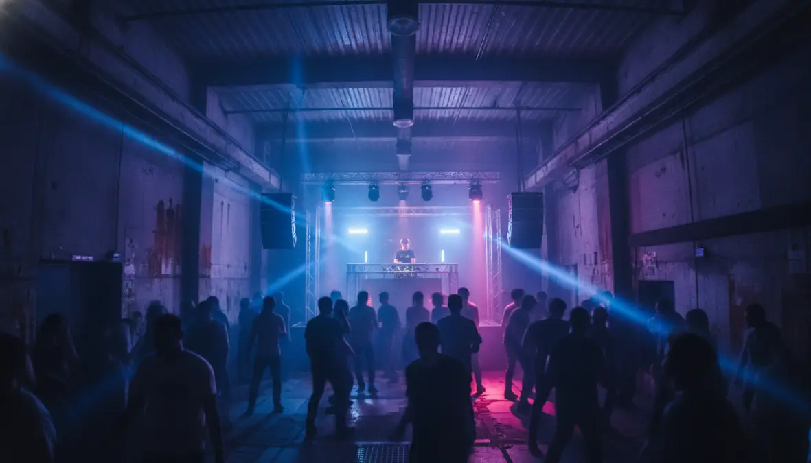Underground electronic music club in Berlin with dancers and colorful lighting