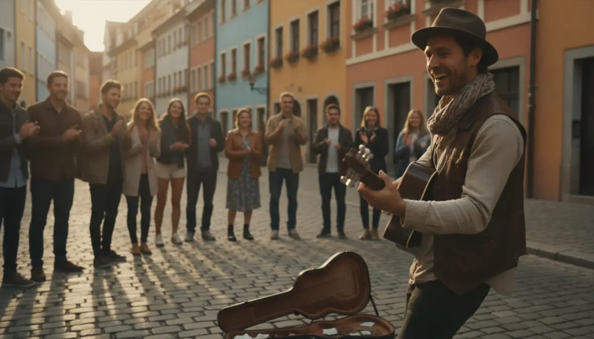 Street musician performing in historic European city with audience gathered around