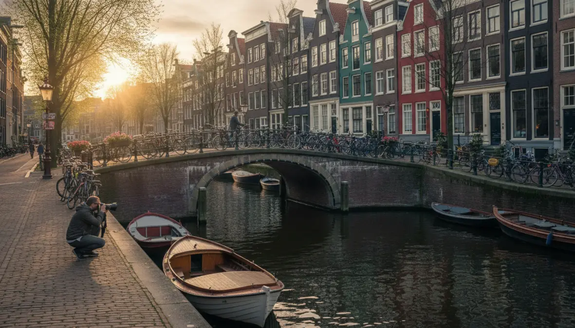 Amsterdam canal houses and bikes, best cities for street photography Europe
